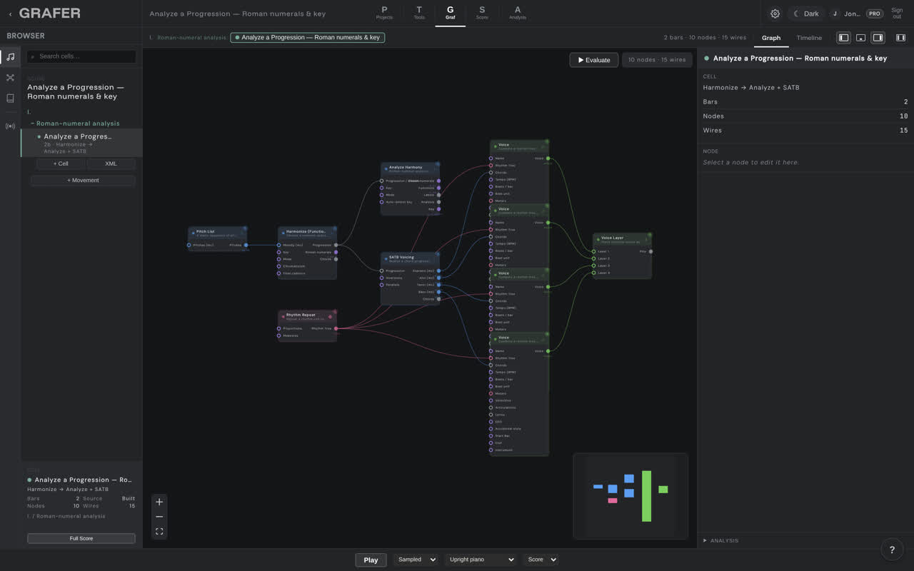 The node graph of Analyze a Progression — Roman numerals & key in grafer's Graf editor