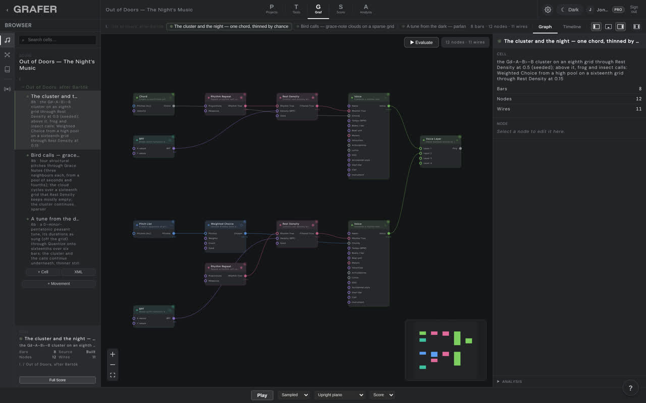 The node graph of Out of Doors — The Night's Music in grafer's Graf editor