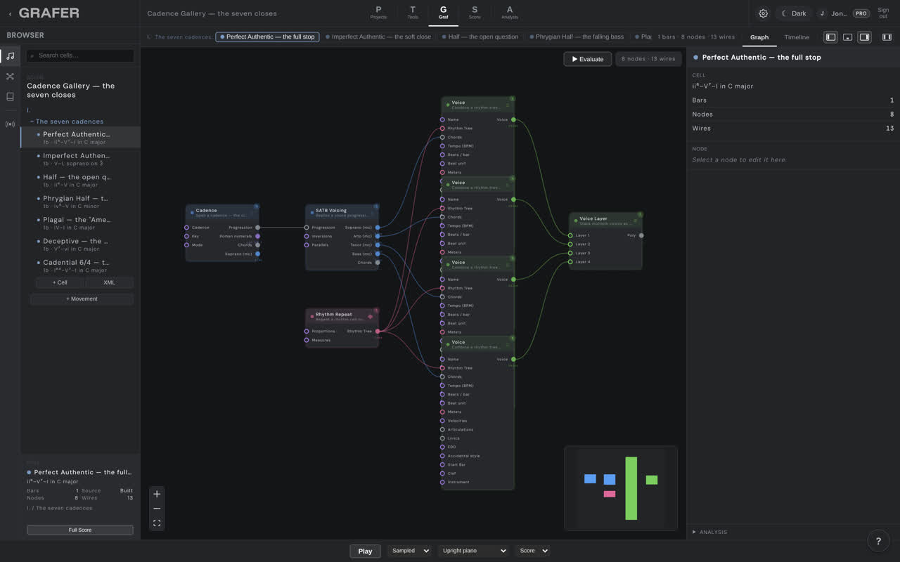 The node graph of Cadence Gallery — the seven closes in grafer's Graf editor