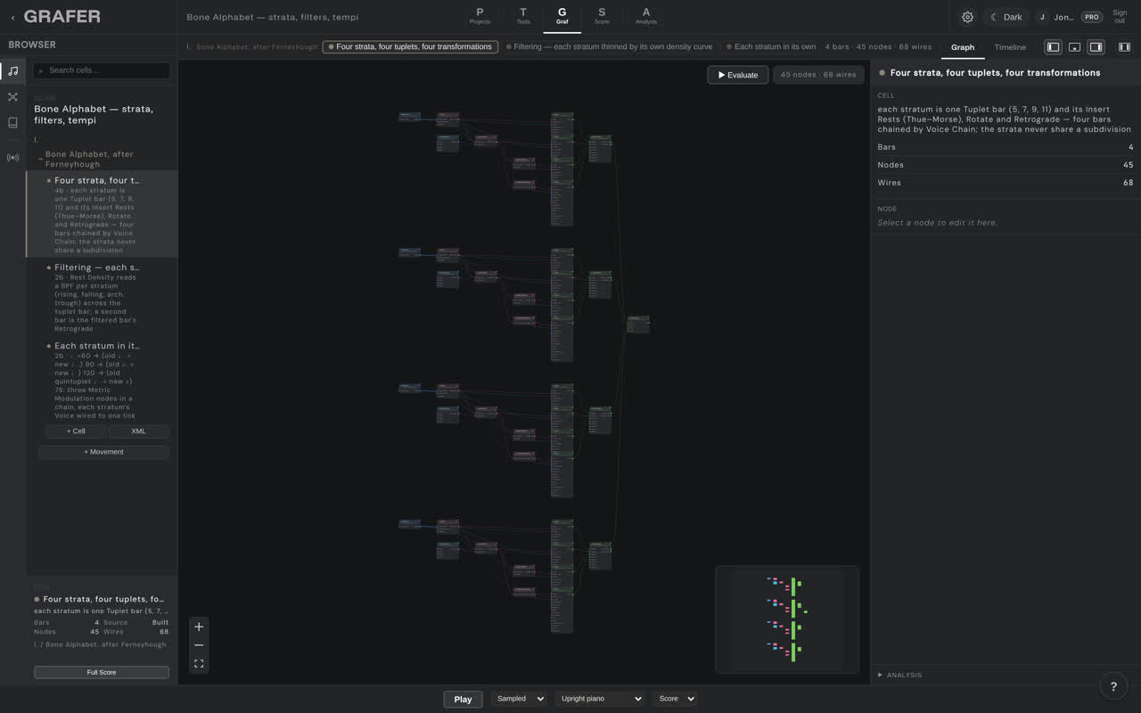 The node graph of Bone Alphabet — strata, filters, tempi in grafer's Graf editor