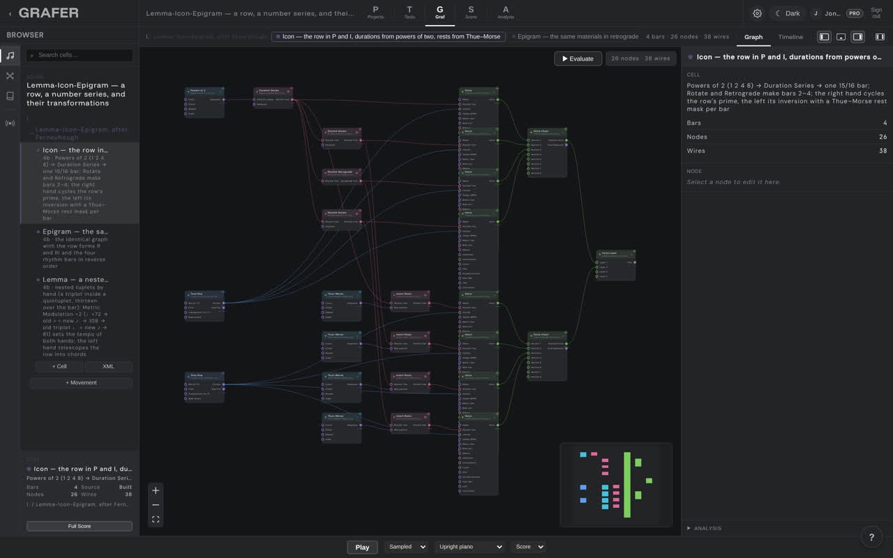 The node graph of Lemma-Icon-Epigram — a row, a number series, and their transformations in grafer's Graf editor