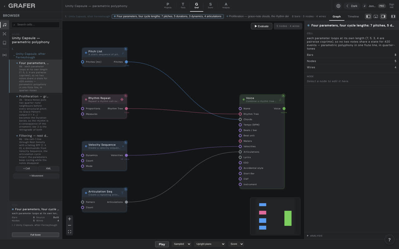 The node graph of Unity Capsule — parametric polyphony in grafer's Graf editor