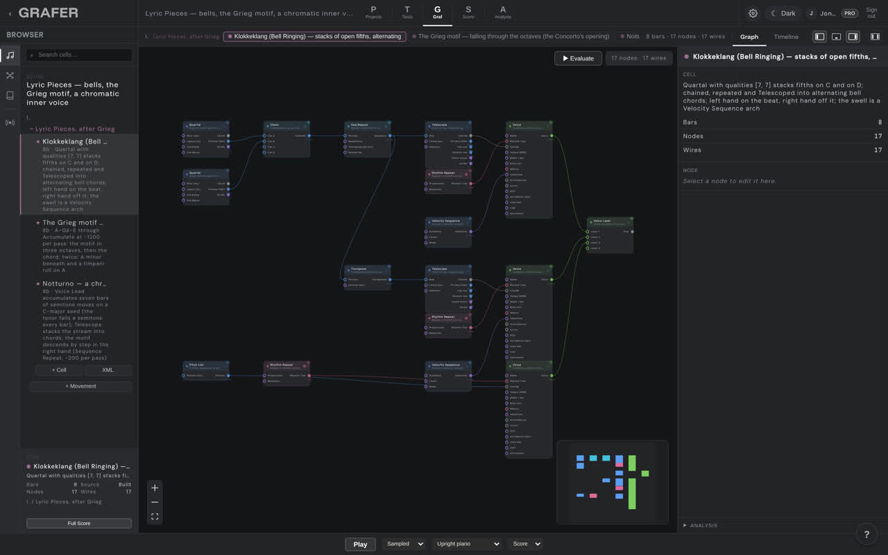 The node graph of Lyric Pieces — bells, the Grieg motif, a chromatic inner voice in grafer's Graf editor