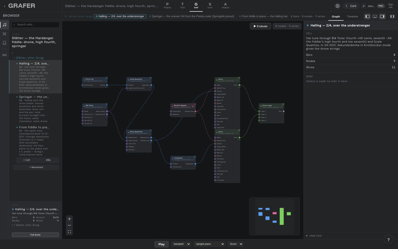 The node graph of Slåtter — the Hardanger fiddle: drone, high fourth, springar in grafer's Graf editor