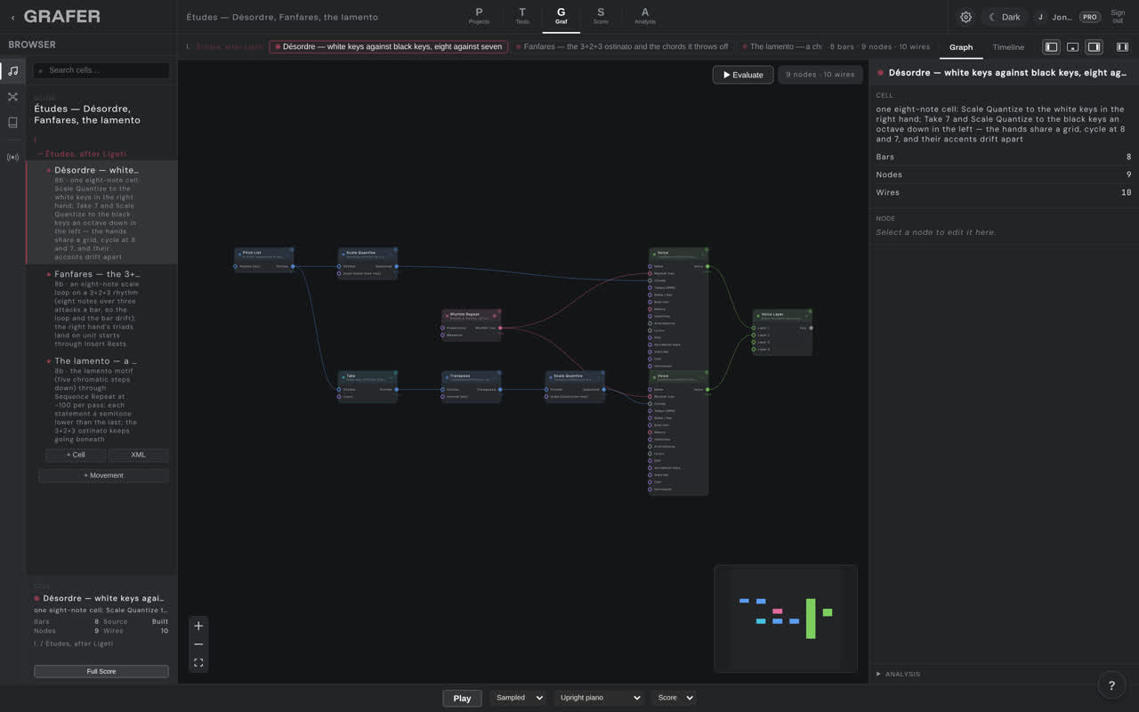 The node graph of Études — Désordre, Fanfares, the lamento in grafer's Graf editor
