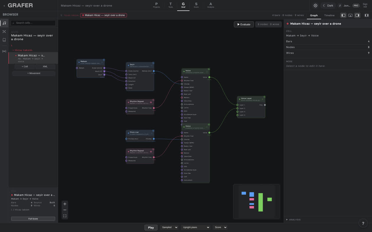 The node graph of Makam Hicaz — seyir over a drone in grafer's Graf editor