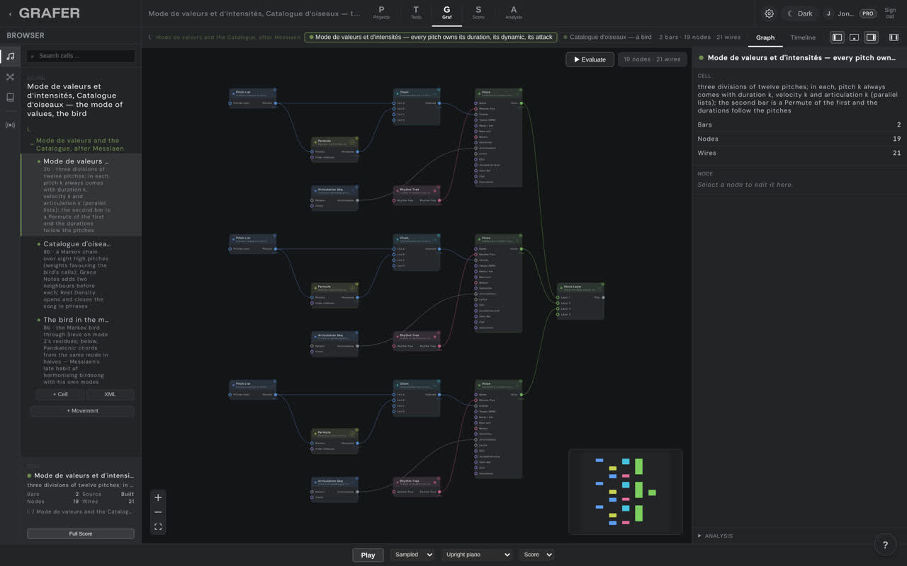 The node graph of Mode de valeurs et d'intensités, Catalogue d'oiseaux — the mode of values, the bird in grafer's Graf editor