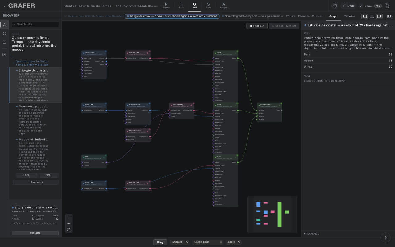The node graph of Quatuor pour la fin du Temps — the rhythmic pedal, the palindrome, the modes in grafer's Graf editor