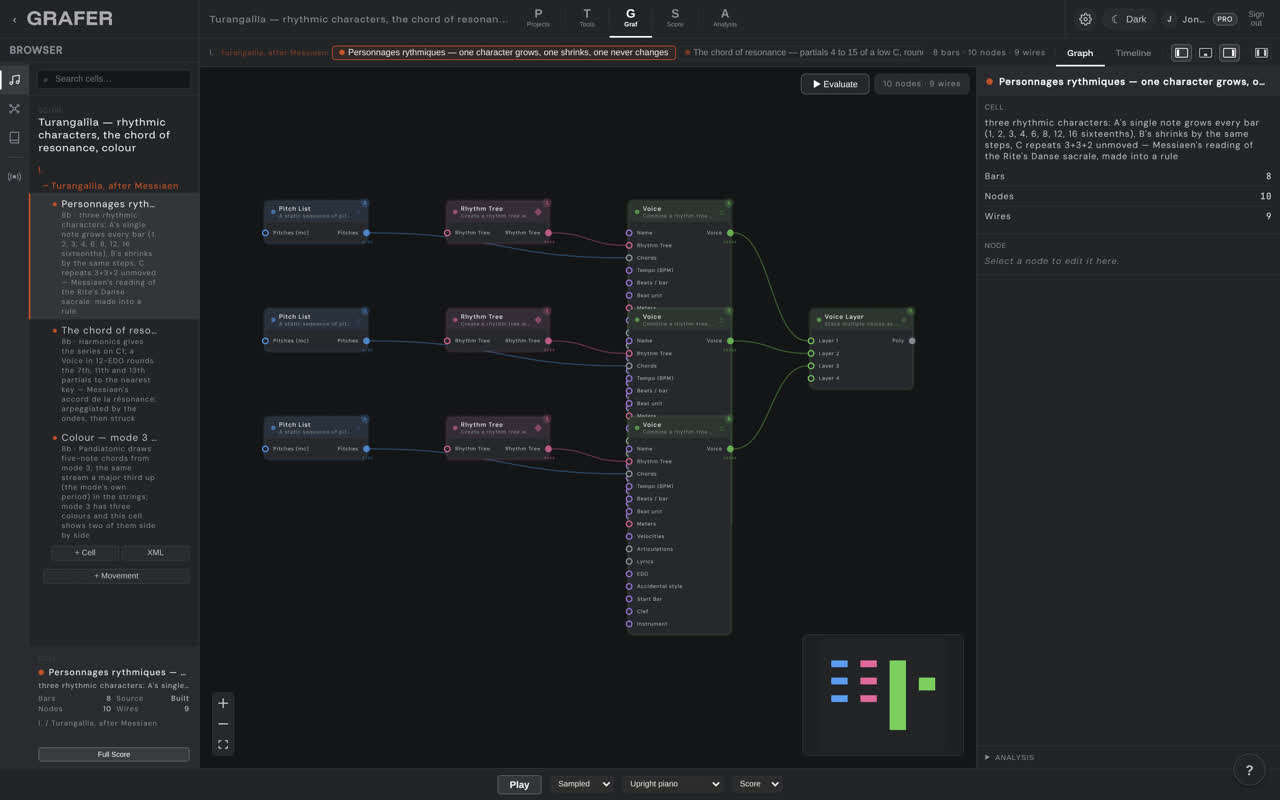 The node graph of Turangalîla — rhythmic characters, the chord of resonance, colour in grafer's Graf editor