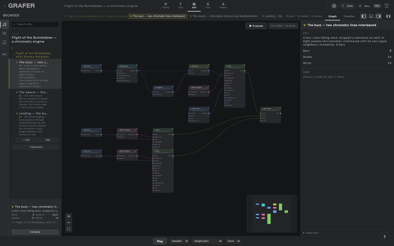 The node graph of Flight of the Bumblebee — a chromatic engine in grafer's Graf editor