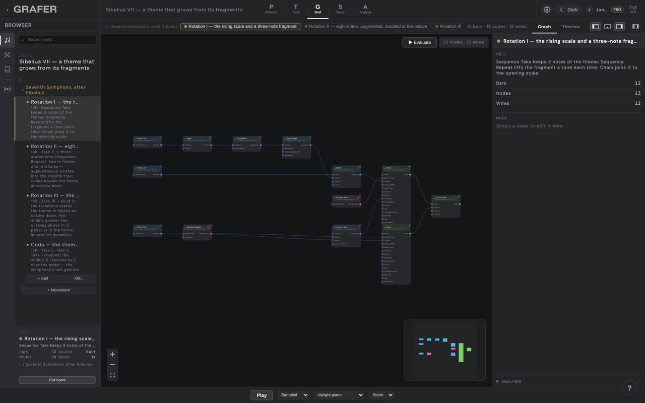 The node graph of Sibelius VII — a theme that grows from its fragments in grafer's Graf editor