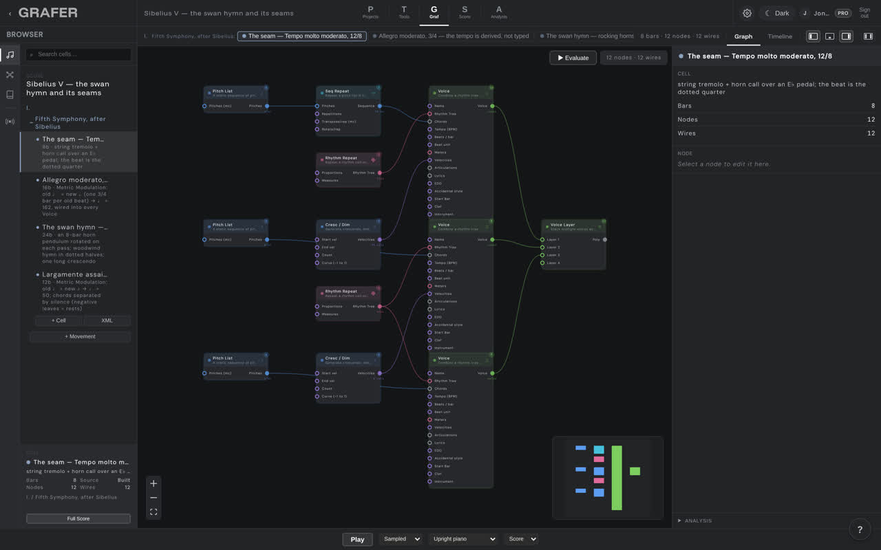 The node graph of Sibelius V — the swan hymn and its seams in grafer's Graf editor