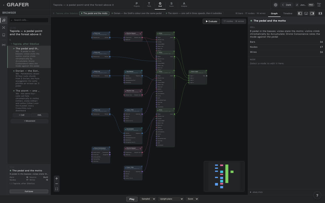 The node graph of Tapiola — a pedal point and the forest above it in grafer's Graf editor