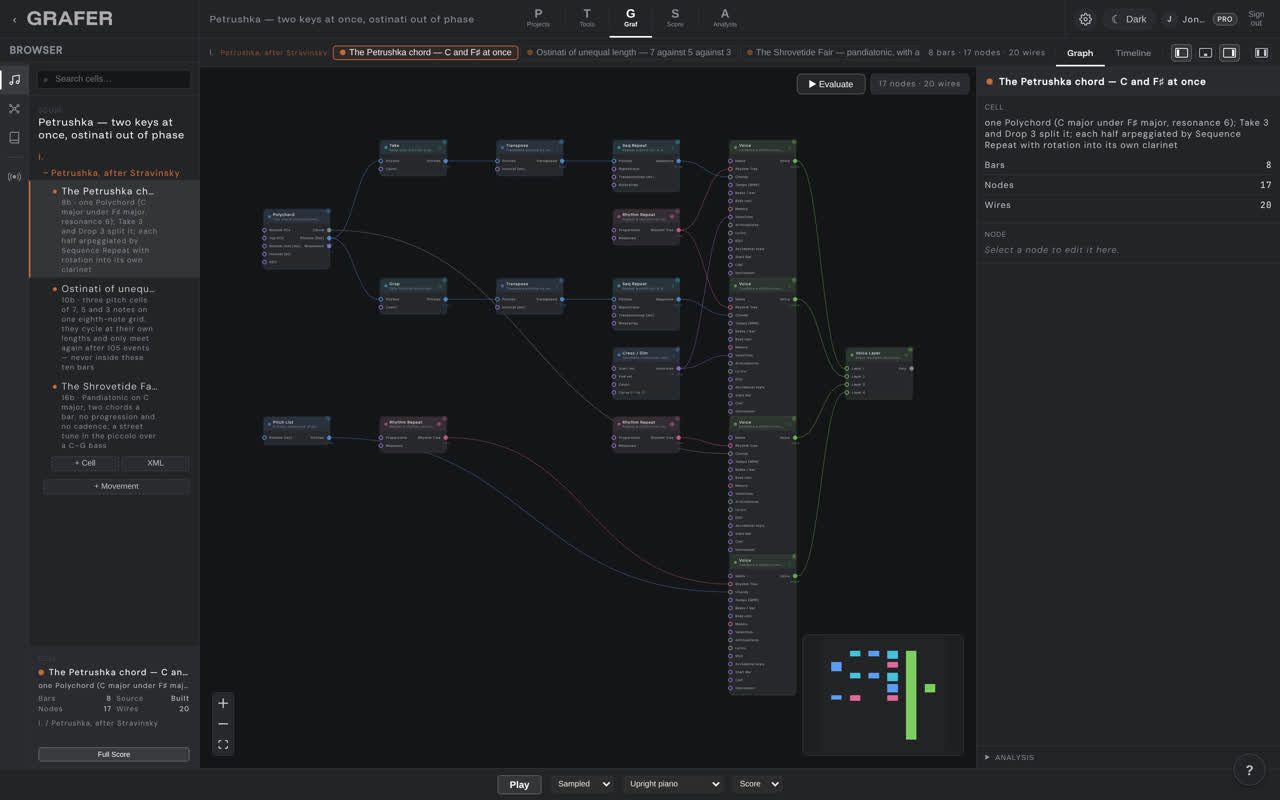 The node graph of Petrushka — two keys at once, ostinati out of phase in grafer's Graf editor