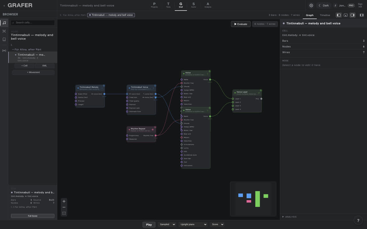 The node graph of Tintinnabuli — melody and bell voice in grafer's Graf editor