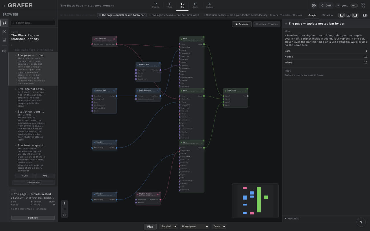 The node graph of The Black Page — statistical density in grafer's Graf editor