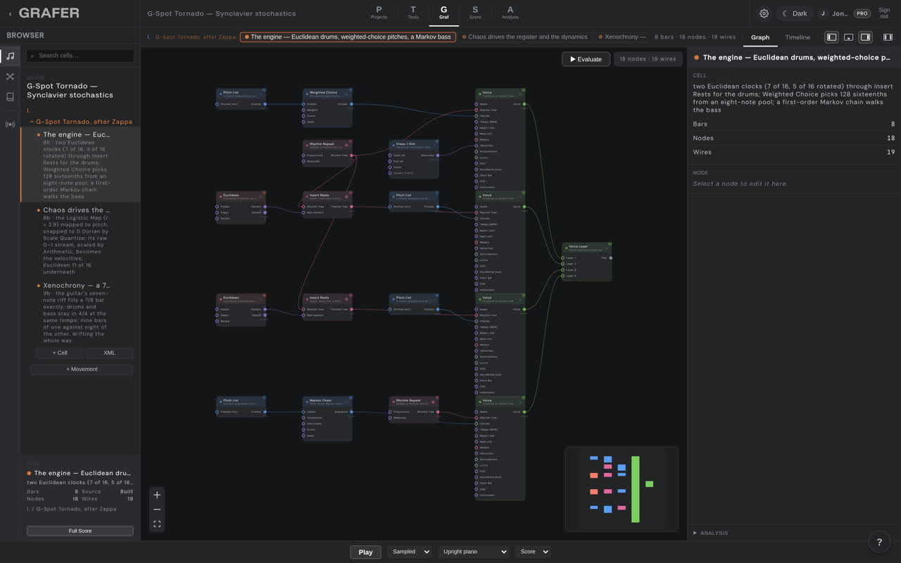 The node graph of G-Spot Tornado — Synclavier stochastics in grafer's Graf editor