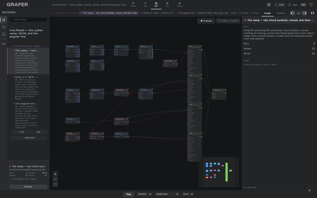 The node graph of Inca Roads — the Lydian vamp, 19/16, and the angular line in grafer's Graf editor