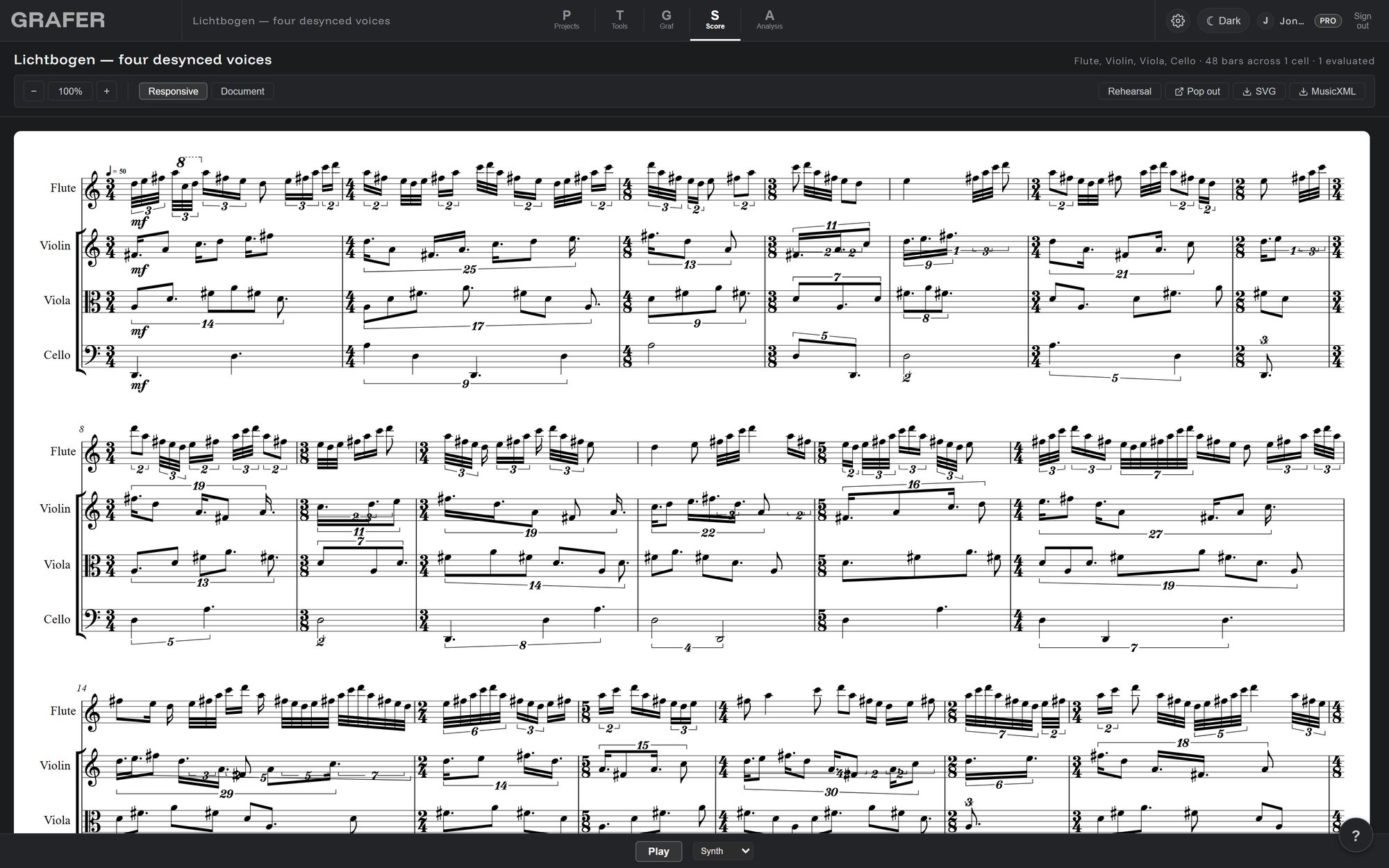The Score page: the same piece engraved for flute, violin, viola and cello, with nested tuplets and a new metre in almost every bar